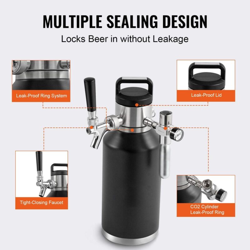 BENTISM Pressurized Growler Mini Beer Keg Draft Beer Growler with Pressure Display Double CO2 Regulator Faucet Home Kegging 64Oz/1.89L - Image 5