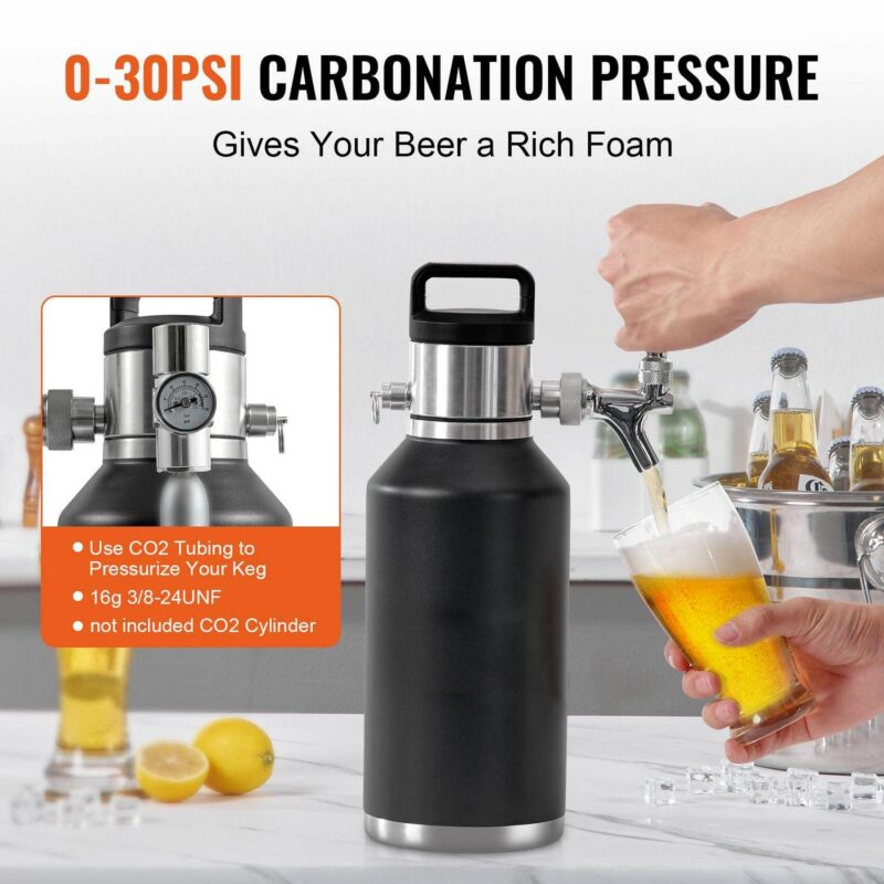 BENTISM Pressurized Growler Mini Beer Keg Draft Beer Growler with Pressure Display Double CO2 Regulator Faucet Home Kegging 64Oz/1.89L - Image 4