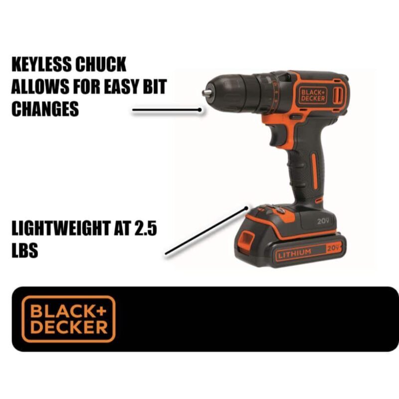 BLACK+DECKER 20V MAX* Cordless 3/8 in Drill Driver Kit (1) Lithium Ion Battery with Charger, (BDCDD120C) - Image 24