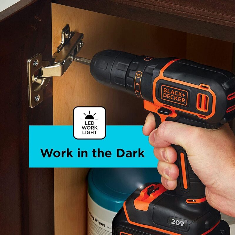 BLACK+DECKER 20V MAX* Cordless 3/8 in Drill Driver Kit (1) Lithium Ion Battery with Charger, (BDCDD120C) - Image 23
