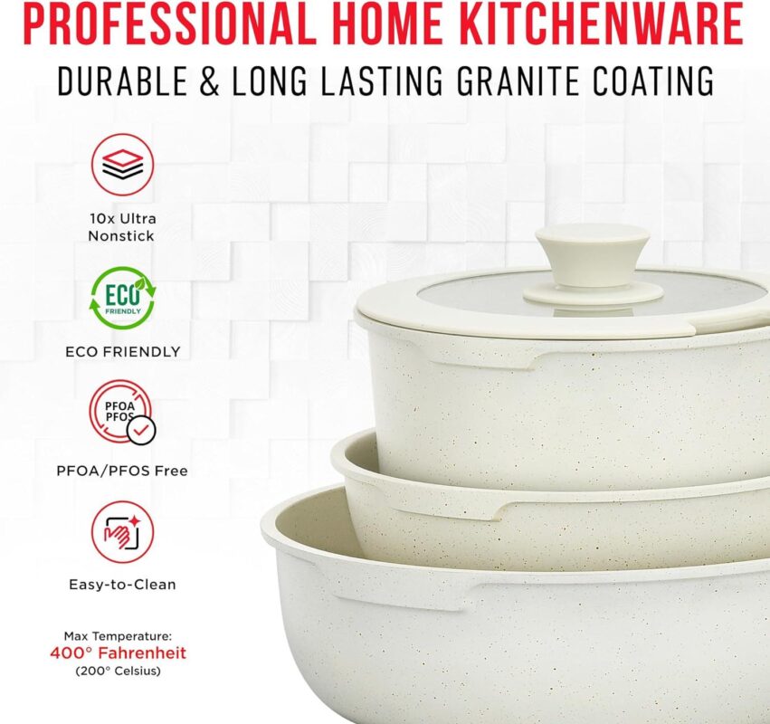 Bakken-Swiss Detachable 15-Piece Cookware Set a Granite Non-Stick a Eco-Friendly a stackable Removable Handles a for All Stoves and Oven-Safe - Cream Marble coating - Image 3