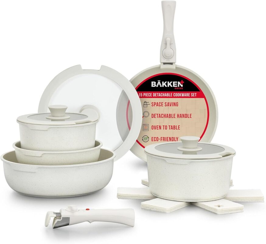 Bakken-Swiss Detachable 15-Piece Cookware Set a Granite Non-Stick a Eco-Friendly a stackable Removable Handles a for All Stoves and Oven-Safe - Cream Marble coating