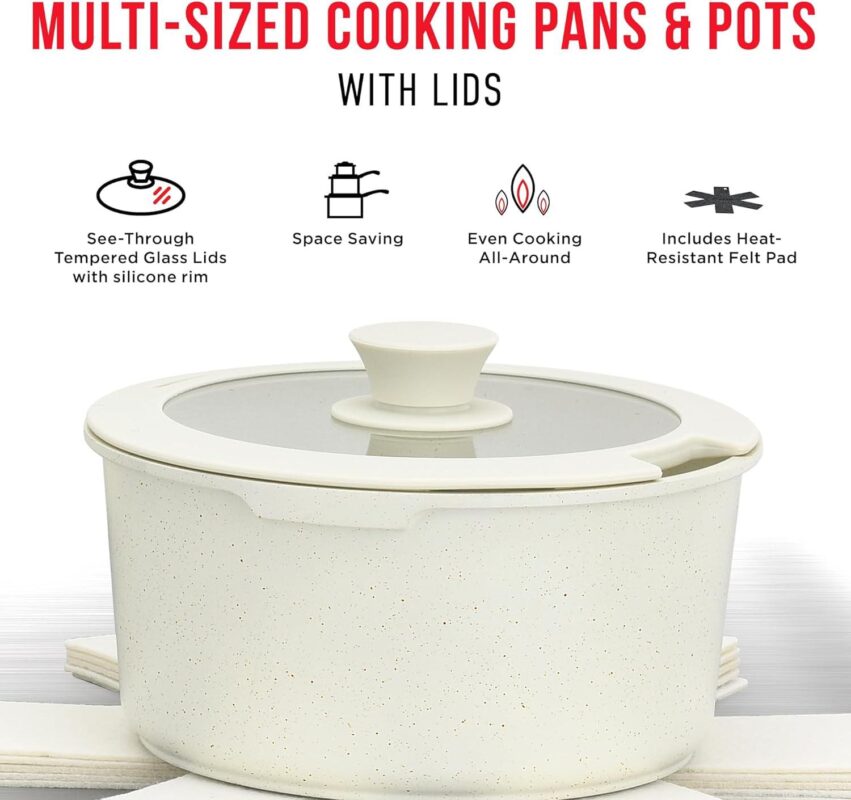 Bakken-Swiss Detachable 15-Piece Cookware Set a Granite Non-Stick a Eco-Friendly a stackable Removable Handles a for All Stoves and Oven-Safe - Cream Marble coating - Image 4