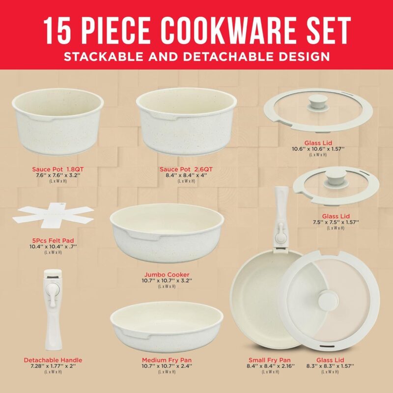 Bakken-Swiss Detachable 15-Piece Cookware Set a Granite Non-Stick a Eco-Friendly a stackable Removable Handles a for All Stoves and Oven-Safe - Cream Marble coating - Image 2