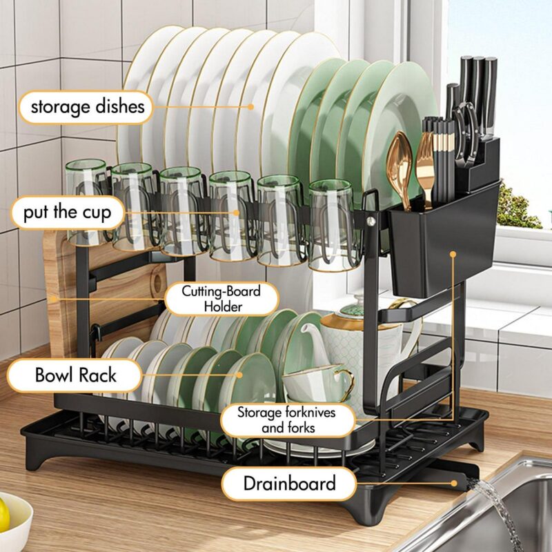 Baokaler 2 Tier Dish Drying Rack for Kitchen Counter, Dish Drying Rack with Dish Drainer, Durable Stainless Steel Dish Rack Drain Set with Utensil Holder, Cutting Board Holder - Image 6