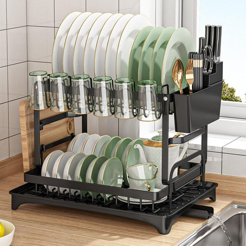Baokaler 2 Tier Dish Drying Rack for Kitchen Counter, Dish Drying Rack with Dish Drainer, Durable Stainless Steel Dish Rack Drain Set with Utensil Holder, Cutting Board Holder