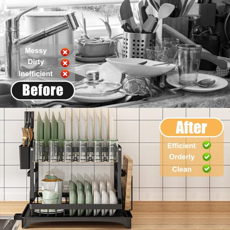 Baokaler 2 Tier Dish Drying Rack for Kitchen Counter, Dish Drying Rack with Dish Drainer, Durable Stainless Steel Dish Rack Drain Set with Utensil Holder, Cutting Board Holder - Image 8