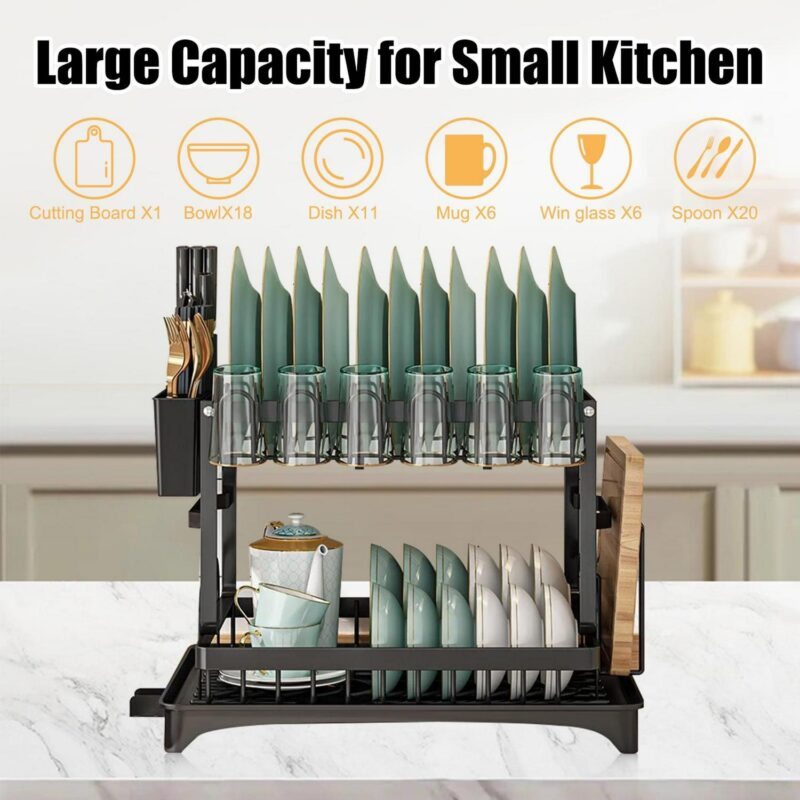 Baokaler 2 Tier Dish Drying Rack for Kitchen Counter, Dish Drying Rack with Dish Drainer, Durable Stainless Steel Dish Rack Drain Set with Utensil Holder, Cutting Board Holder - Image 2