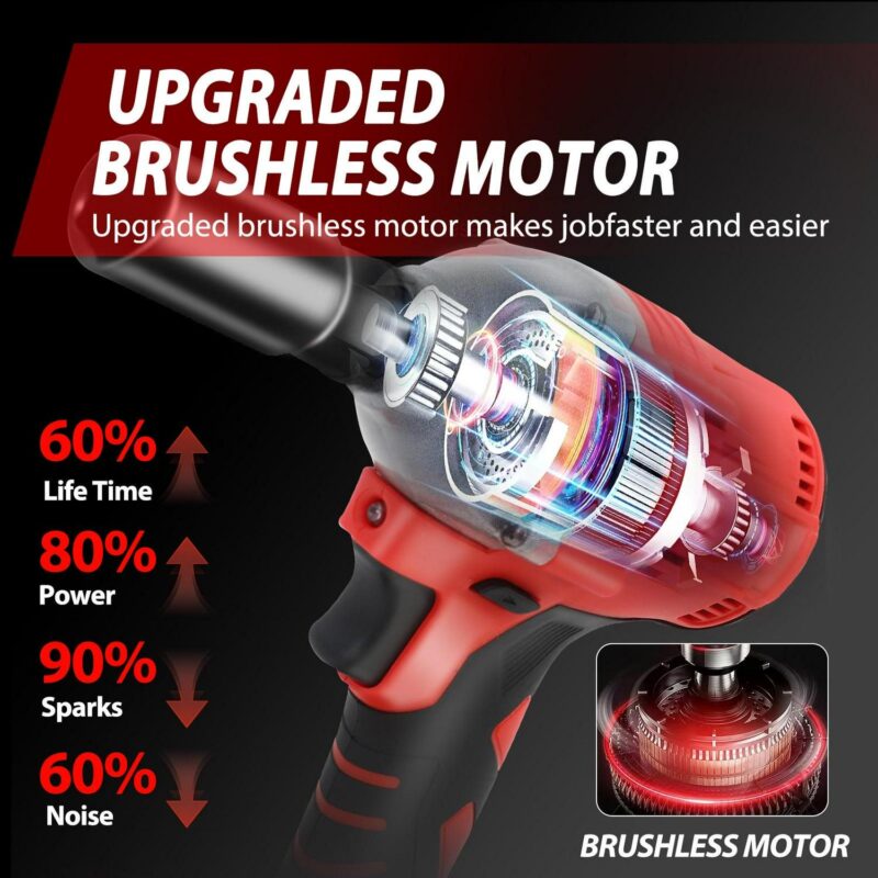Baokaler Cordless Impact Wrench, Max Torque 740 Ft-lbs Impact Gun 1/2 inch, High Efficiency Brushless Motor with Fast Charger and Battery - Image 6