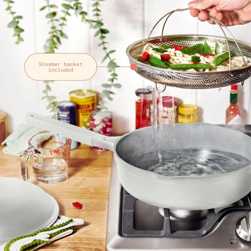 Beautiful All-in-One 4 QT Hero Pan with Steam Insert, 3 Pc Set, White Icing by Drew Barrymore - Image 6
