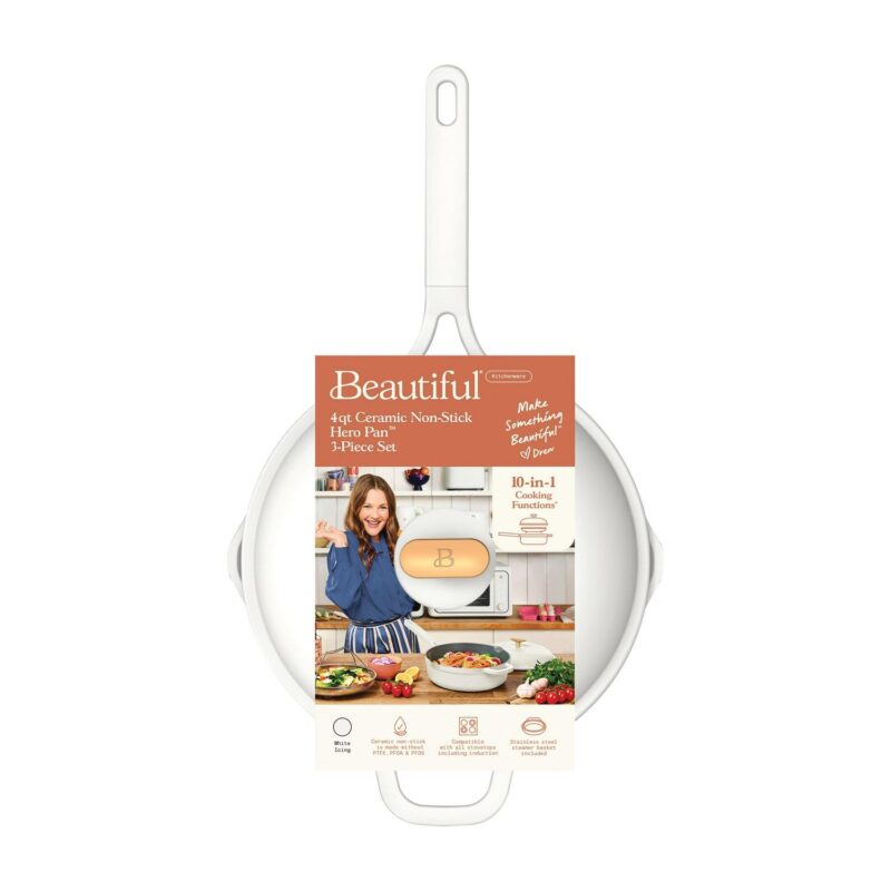 Beautiful All-in-One 4 QT Hero Pan with Steam Insert, 3 Pc Set, White Icing by Drew Barrymore - Image 2