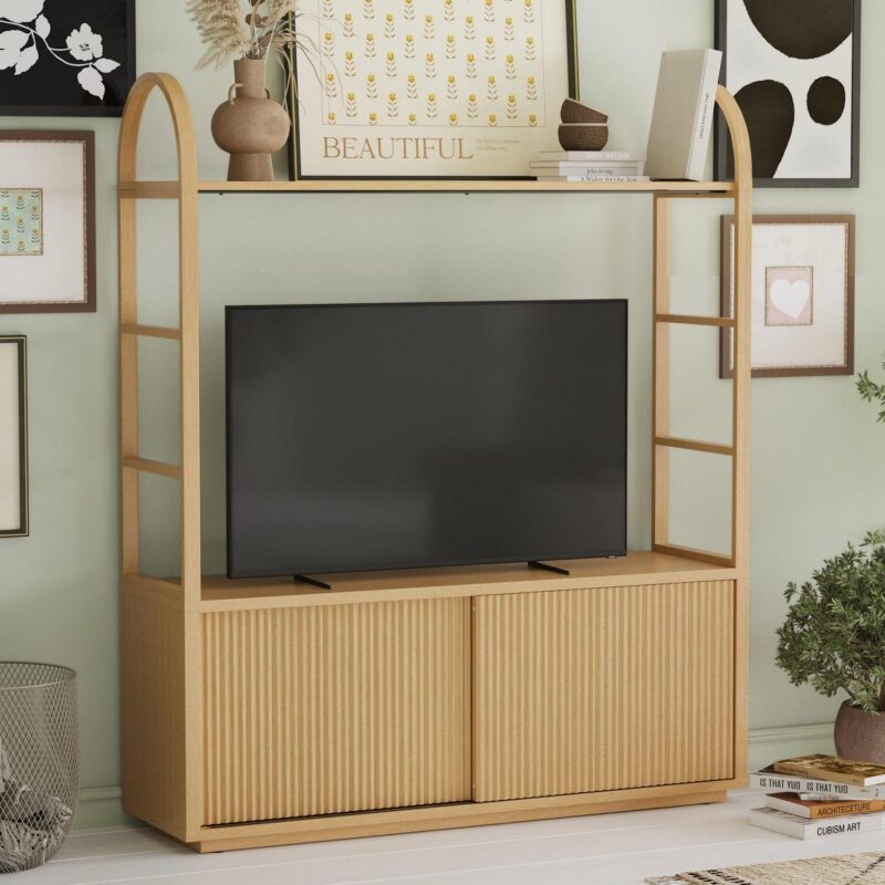 Beautiful Fluted Large Bookcase Entertainment Center for TVa s up to 65a by Drew Barrymore, Warm Honey Finish - Image 3