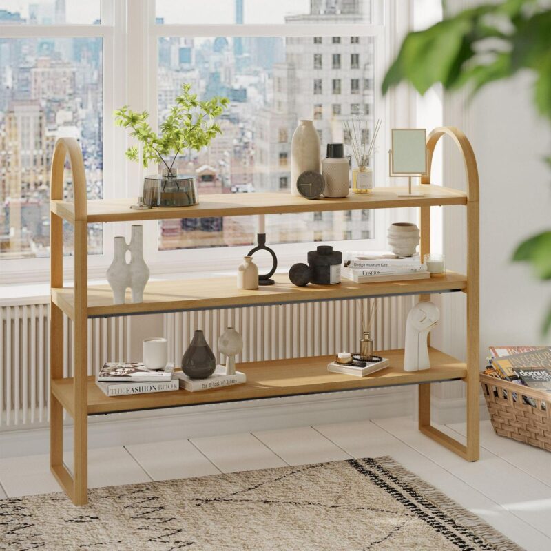 Beautiful Fluted Large Bookcase Entertainment Center for TVa s up to 65a by Drew Barrymore, Warm Honey Finish - Image 10