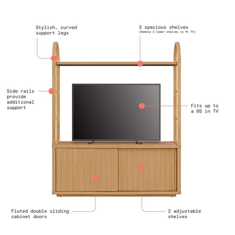 Beautiful Fluted Large Bookcase Entertainment Center for TVa s up to 65a by Drew Barrymore, Warm Honey Finish - Image 6