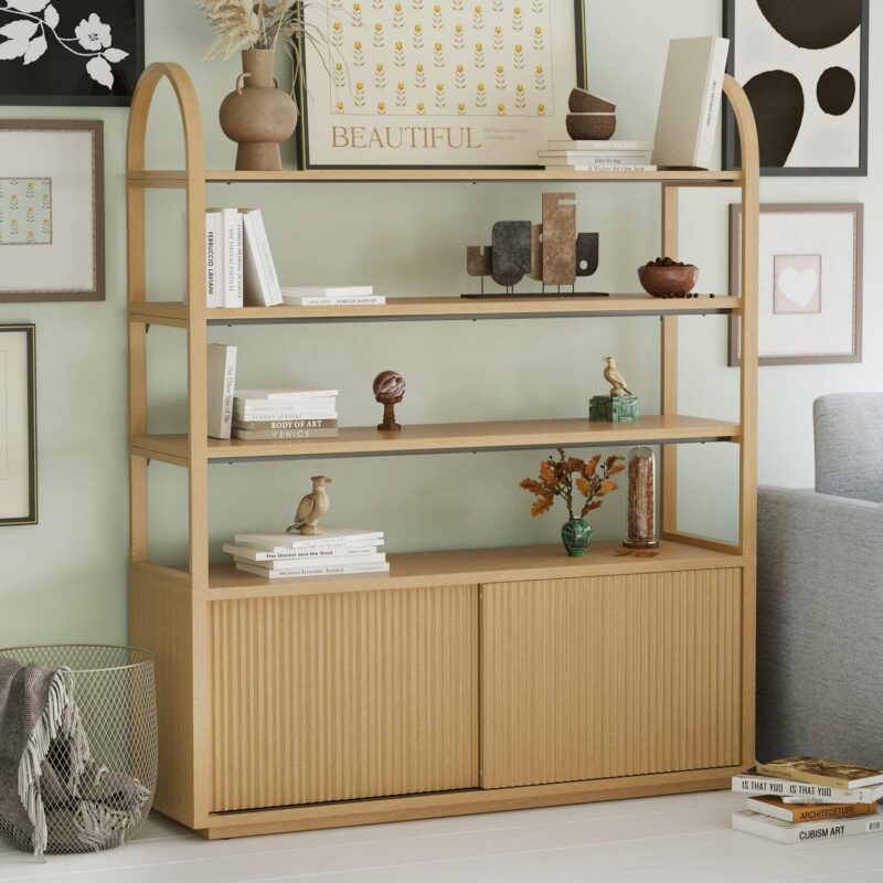 Beautiful Fluted Large Bookcase Entertainment Center for TVa s up to 65a by Drew Barrymore, Warm Honey Finish