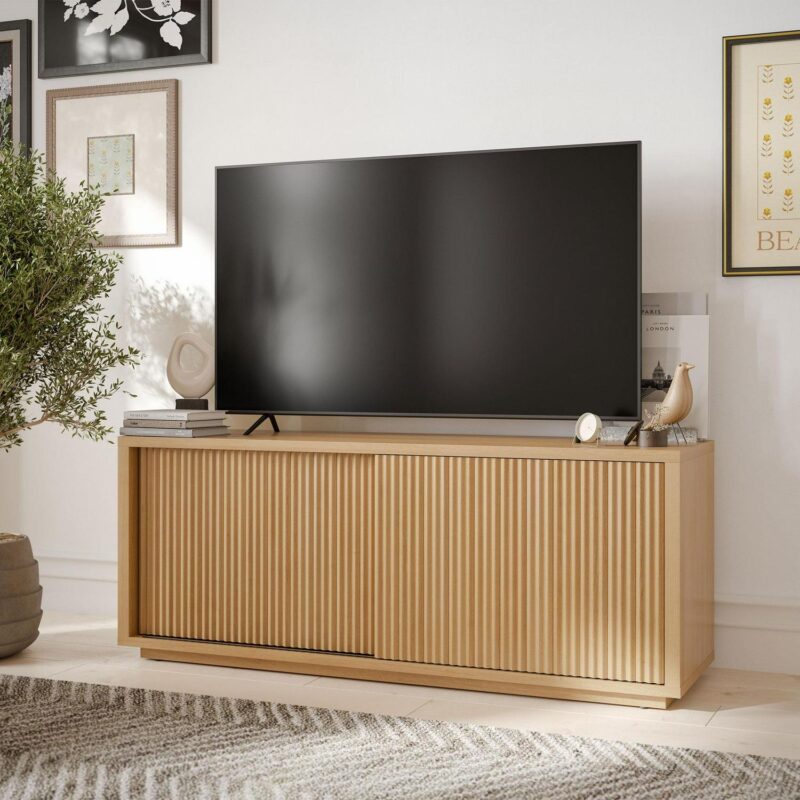 Beautiful Fluted Large Bookcase Entertainment Center for TVa s up to 65a by Drew Barrymore, Warm Honey Finish - Image 9