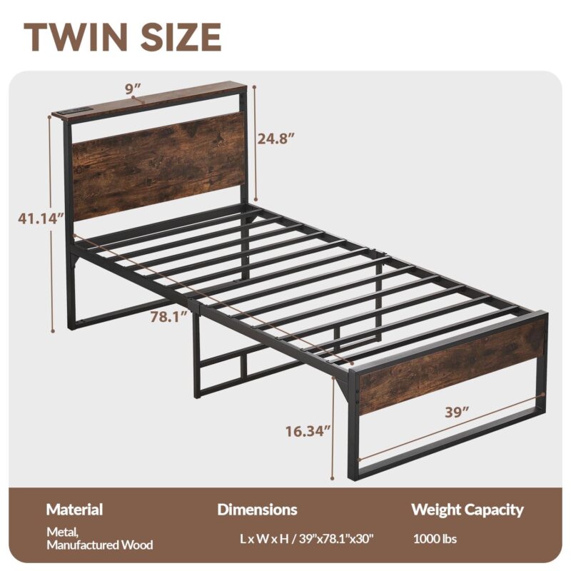 Behost 14  Twin Bed Frame with Headboard , Power Outlets Platform Beds for Bedroom, Rustic Brwon - Image 7