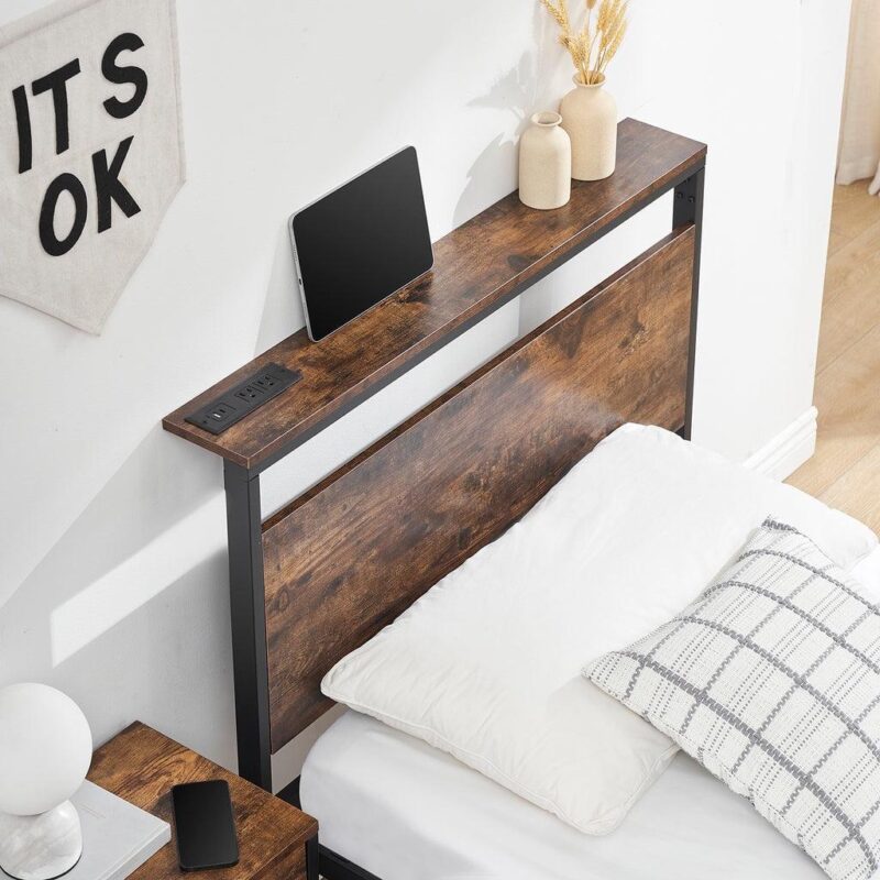 Behost 14  Twin Bed Frame with Headboard , Power Outlets Platform Beds for Bedroom, Rustic Brwon - Image 5