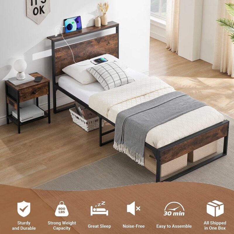 Behost 14  Twin Bed Frame with Headboard , Power Outlets Platform Beds for Bedroom, Rustic Brwon