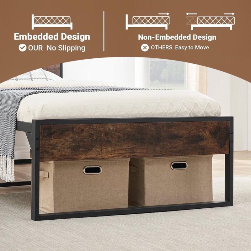 Behost 14  Twin Bed Frame with Headboard , Power Outlets Platform Beds for Bedroom, Rustic Brwon - Image 6