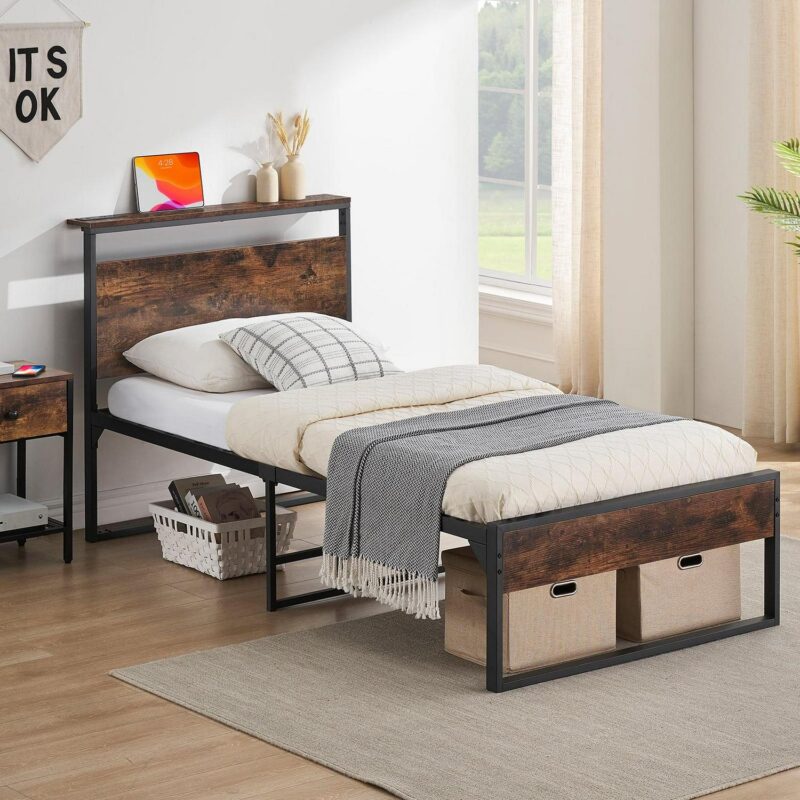 Behost 14  Twin Bed Frame with Headboard , Power Outlets Platform Beds for Bedroom, Rustic Brwon - Image 4