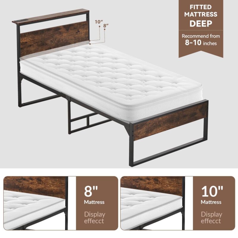 Behost 14  Twin Bed Frame with Headboard , Power Outlets Platform Beds for Bedroom, Rustic Brwon - Image 3