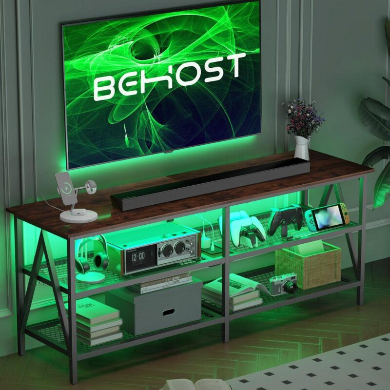 Behost 55 inch TV Stand for 65 inch TV, TV Cabinet with 20 Colors LED Lights for Living Room, Brown - Image 4