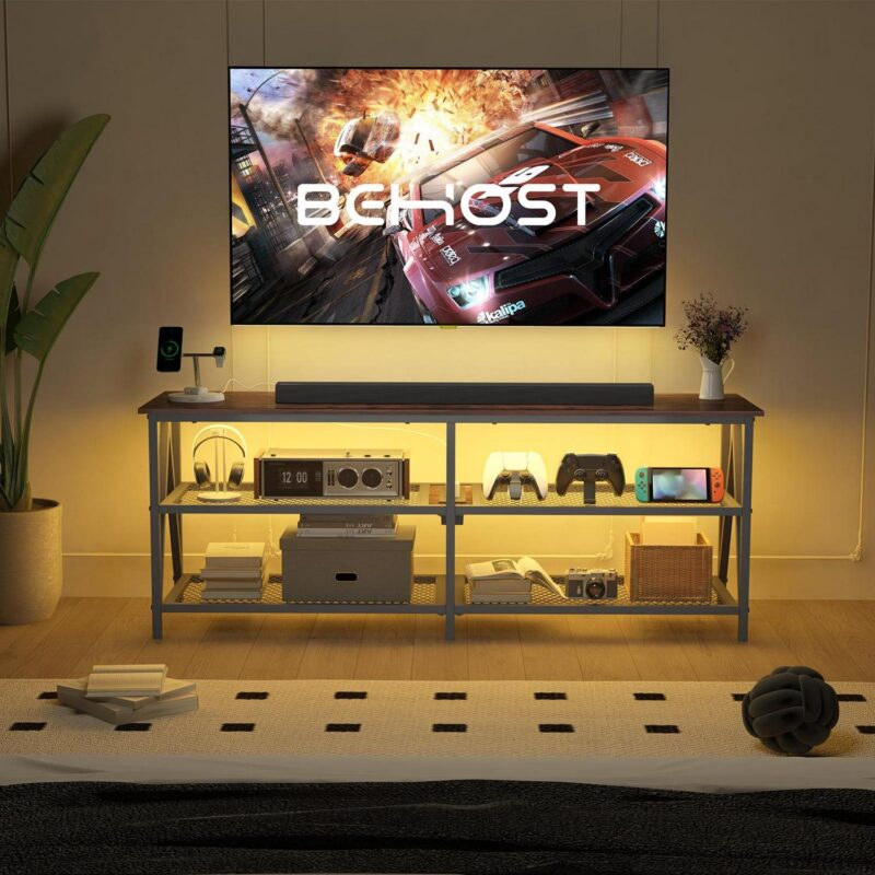 Behost 55 inch TV Stand for 65 inch TV, TV Cabinet with 20 Colors LED Lights for Living Room, Brown - Image 6