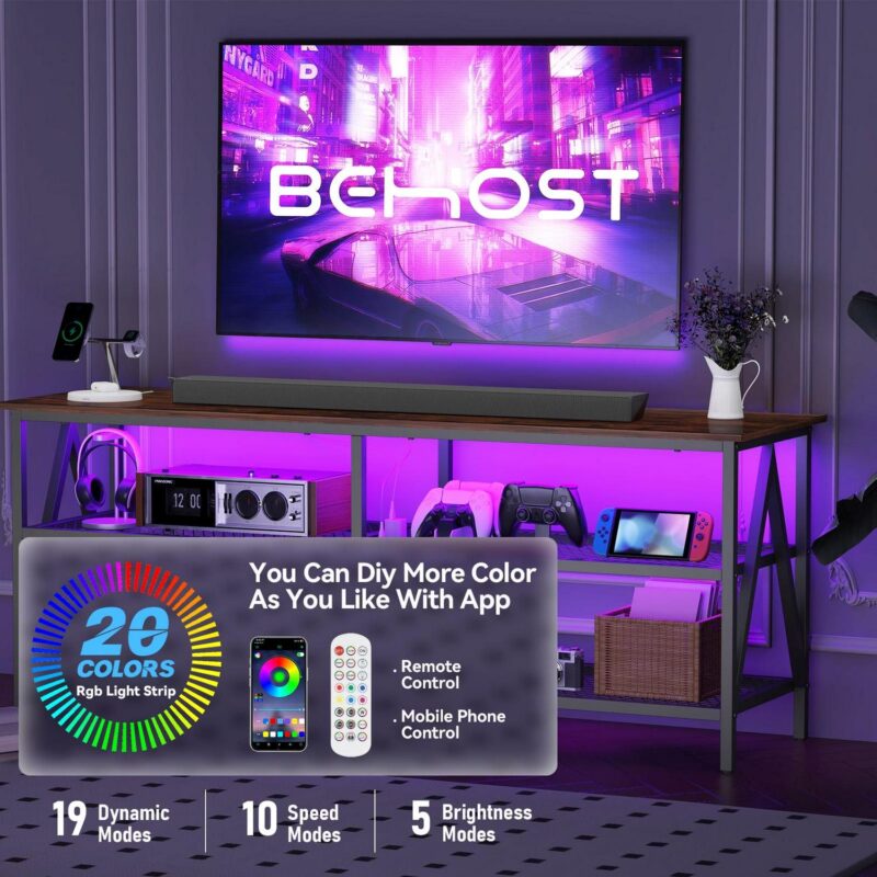 Behost 55 inch TV Stand for 65 inch TV, TV Cabinet with 20 Colors LED Lights for Living Room, Brown - Image 3