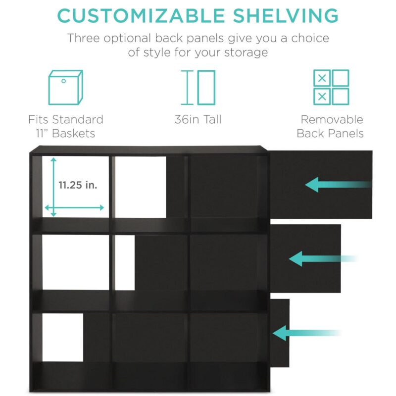 Best Choice Products 9-Cube Bookshelf, 11in Display Storage Compartment Organizer w/ 3 Removable Back Panels - Black - Image 2