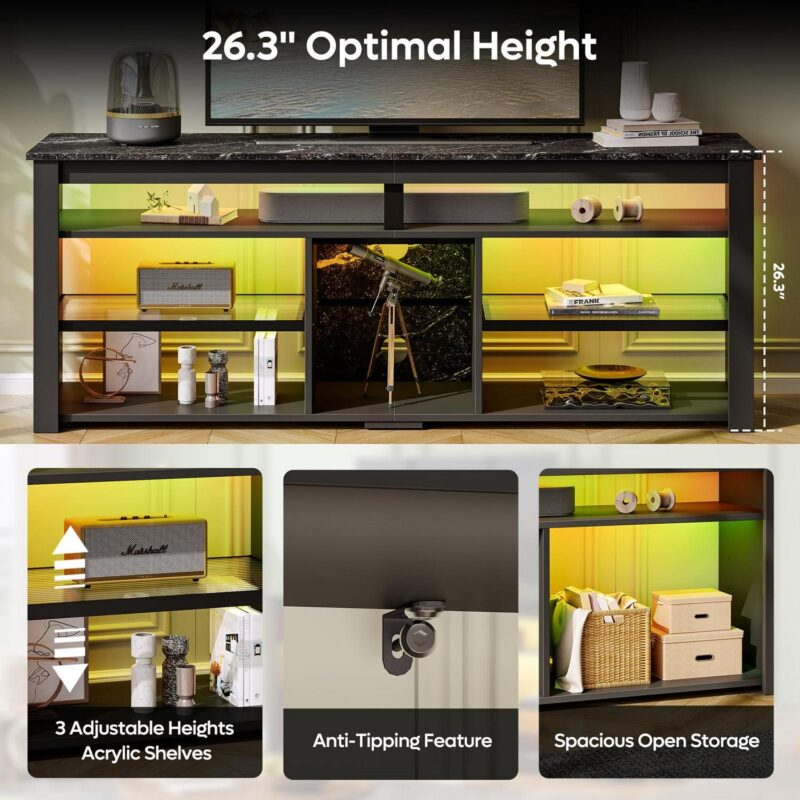 Bestier 63  Tall TV Stand with LED Lights, Entertainment Center for TV up to 70 inch, TV Console with Storage and Adjustable Shelves in Black Marble - Image 6