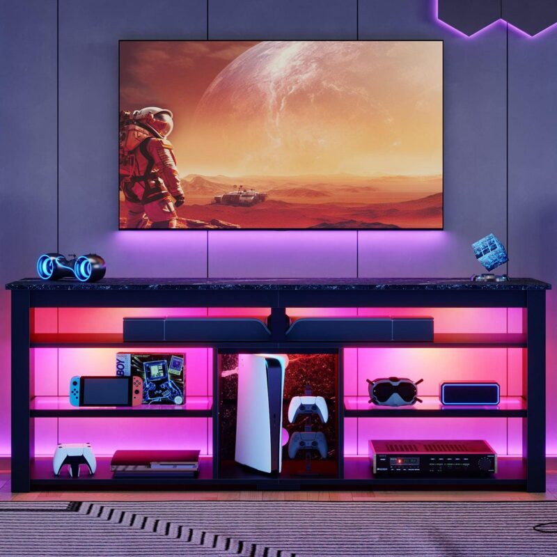 Bestier 63  Tall TV Stand with LED Lights, Entertainment Center for TV up to 70 inch, TV Console with Storage and Adjustable Shelves in Black Marble - Image 5