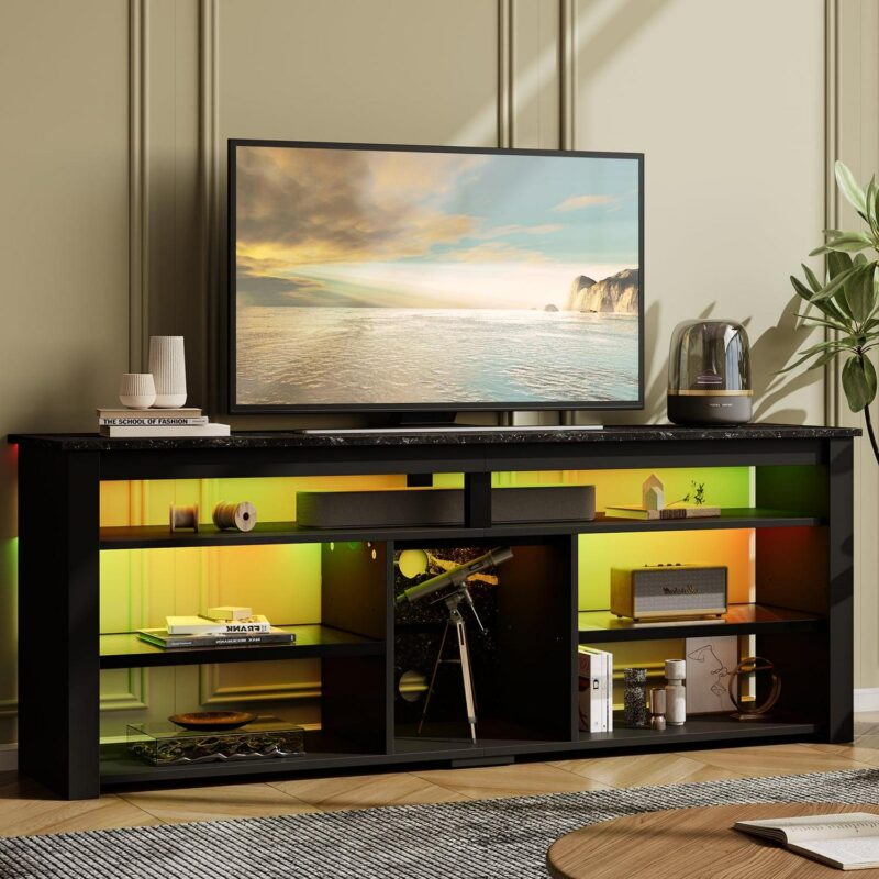 Bestier 63  Tall TV Stand with LED Lights, Entertainment Center for TV up to 70 inch, TV Console with Storage and Adjustable Shelves in Black Marble - Image 7