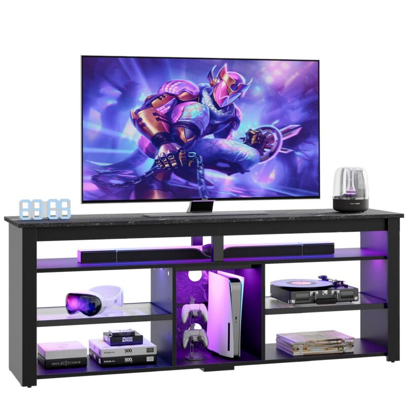 Bestier 63  Tall TV Stand with LED Lights, Entertainment Center for TV up to 70 inch, TV Console with Storage and Adjustable Shelves in Black Marble - Image 8