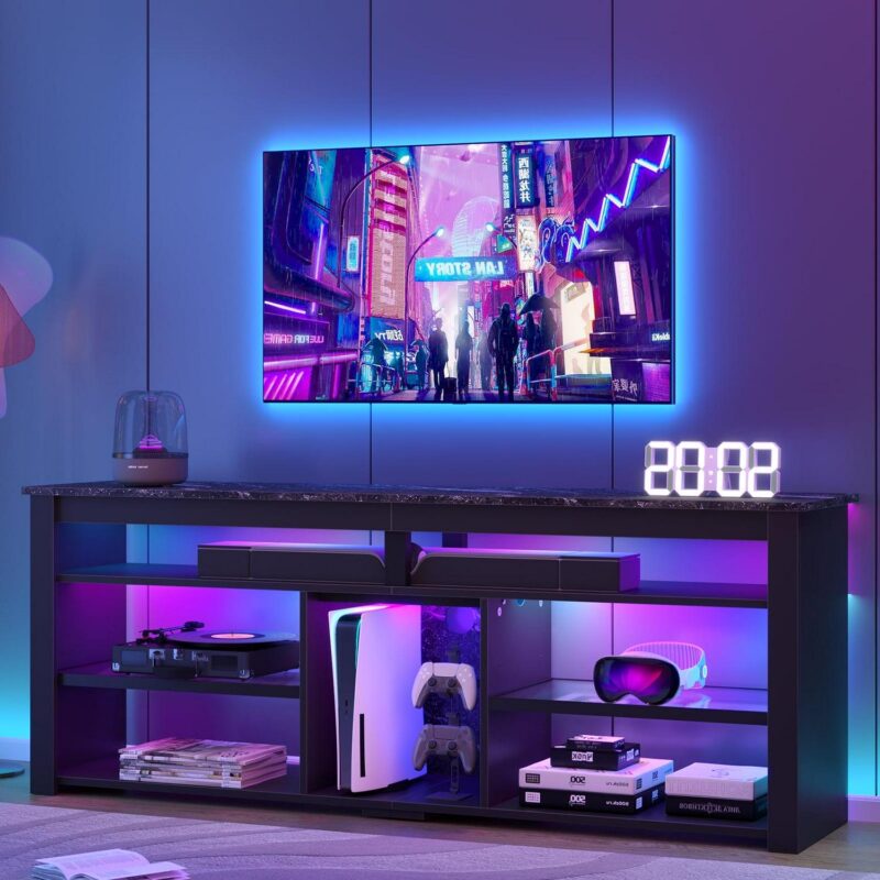 Bestier 63  Tall TV Stand with LED Lights, Entertainment Center for TV up to 70 inch, TV Console with Storage and Adjustable Shelves in Black Marble
