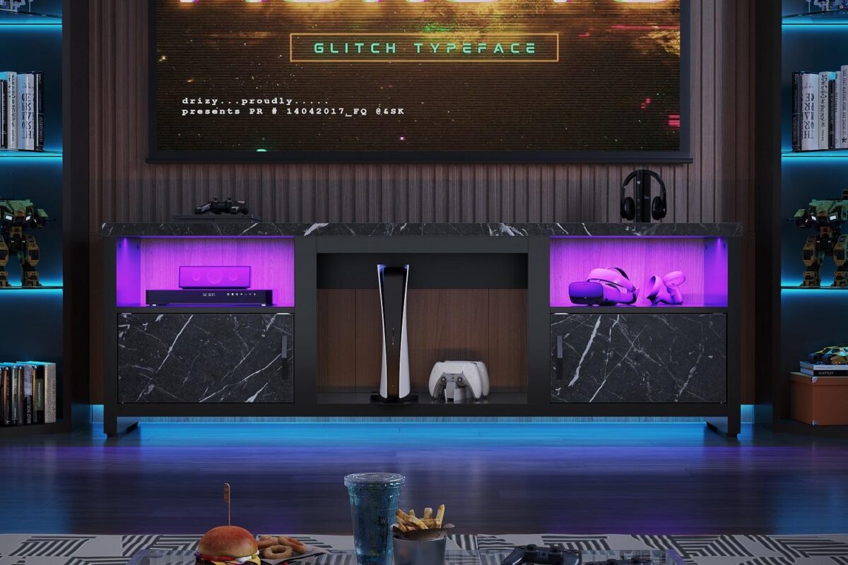 Bestier 70  LED TV Stand for TVs up to 80  with Cabinet and Open Shelves, Modern Entertainment Center for PS5, Black Marble - Image 7