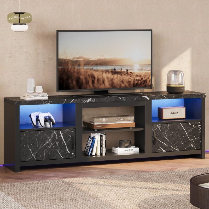 Bestier 70  LED TV Stand for TVs up to 80  with Cabinet and Open Shelves, Modern Entertainment Center for PS5, Black Marble - Image 6