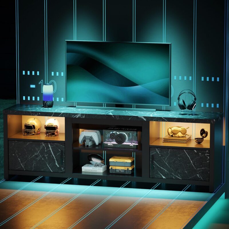 Bestier 70  LED TV Stand for TVs up to 80  with Cabinet and Open Shelves, Modern Entertainment Center for PS5, Black Marble - Image 4