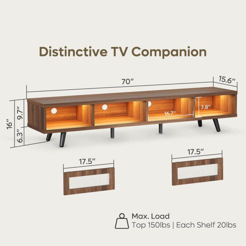 Bestier 70  LED TV Stand for TVs up to 75  TV, Mid-Century Modern Entertainment Center with Sliding Glass Door, Media TV Console Table, Ancona Walnut - Image 5