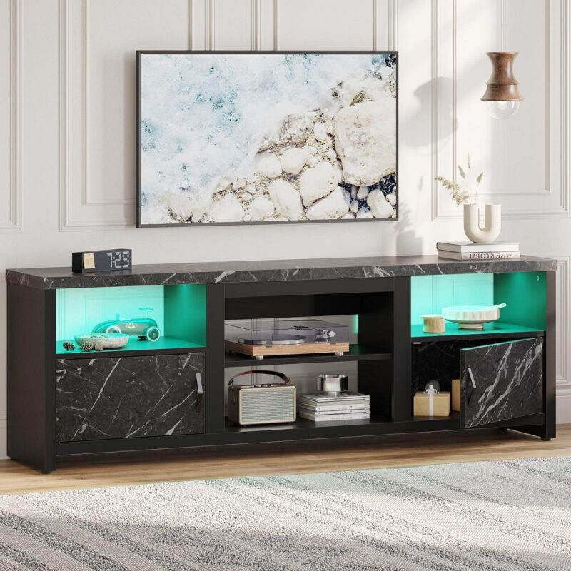 Bestier 70  LED TV Stand for TVs up to 80  with Cabinet and Open Shelves, Modern Entertainment Center for PS5, Black Marble - Image 9