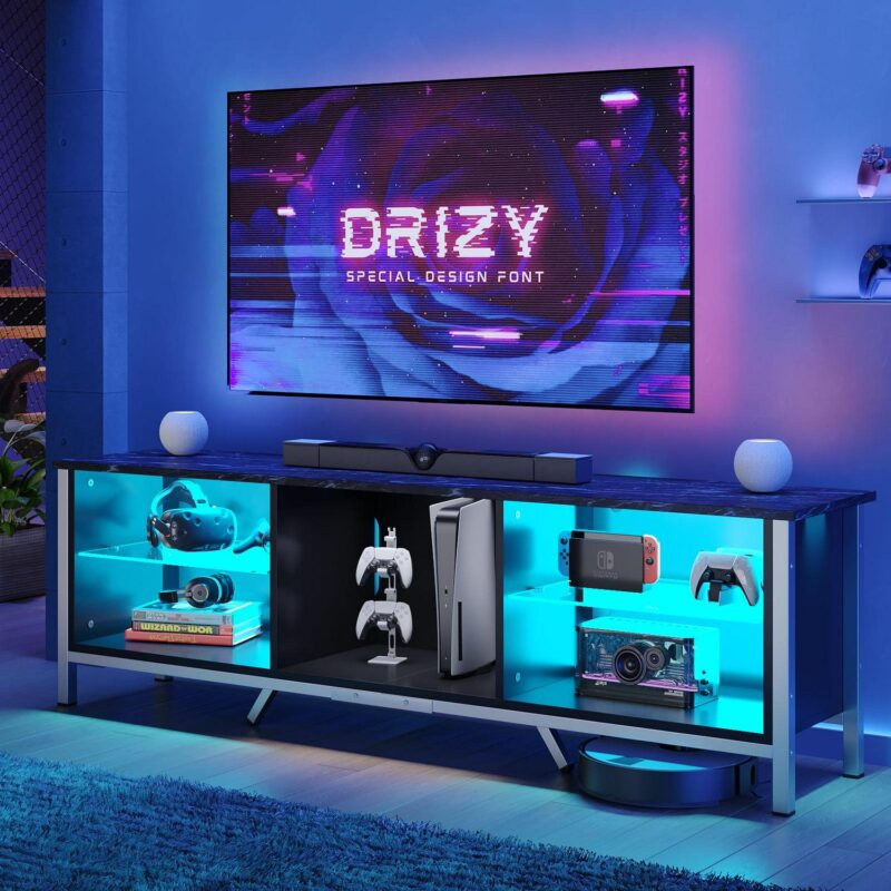 Bestier 70  TV Stand for TVs up to 80  with LED Lights Modern Gaming Entertainment Center, Black Marble