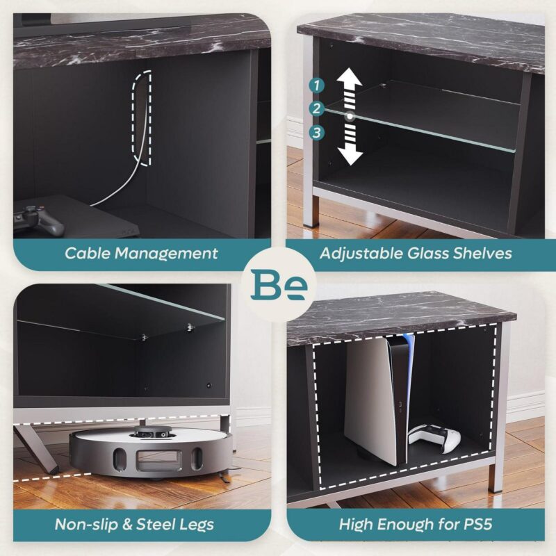 Bestier 70  TV Stand for TVs up to 80  with LED Lights Modern Gaming Entertainment Center, Black Marble - Image 5