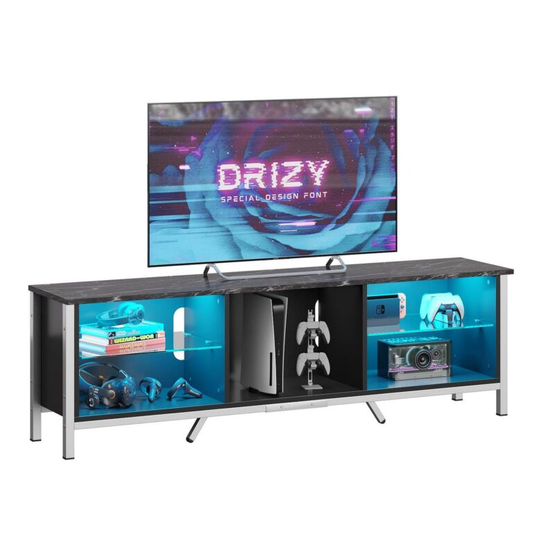 Bestier 70  TV Stand for TVs up to 80  with LED Lights Modern Gaming Entertainment Center, Black Marble - Image 9