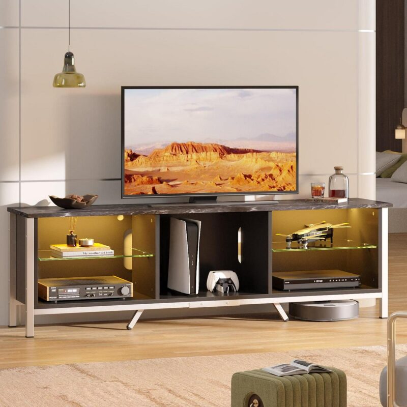 Bestier 70  TV Stand for TVs up to 80  with LED Lights Modern Gaming Entertainment Center, Black Marble - Image 3