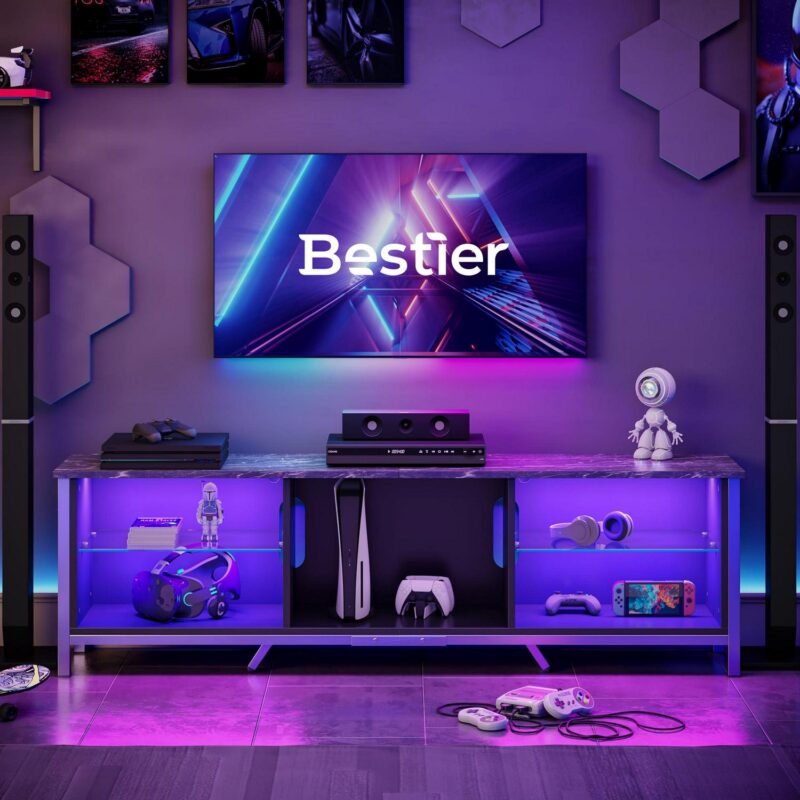 Bestier 70  TV Stand for TVs up to 80  with LED Lights Modern Gaming Entertainment Center, Black Marble - Image 7