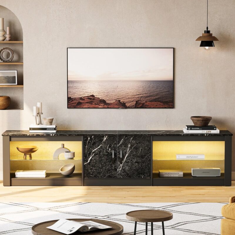 Bestier 80  TV Stand for TVs up to 85  with LED Lights Entertainment Center for Living Room in Black Marble - Image 4