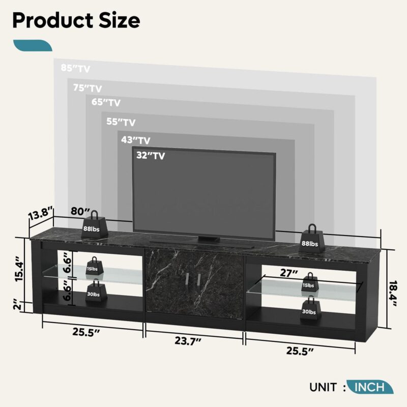 Bestier 80  TV Stand for TVs up to 85  with LED Lights Entertainment Center for Living Room in Black Marble - Image 3
