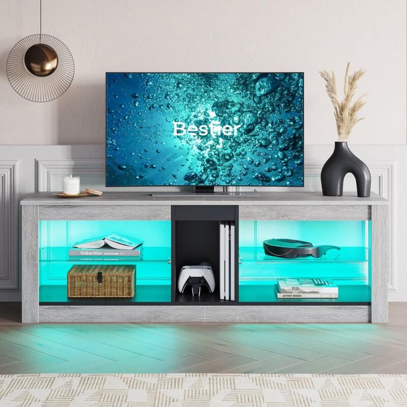 Bestier Entertainment Center with LED Lights TV Stand Media Console Table for TVs up to 60  in Light Grey - Image 7