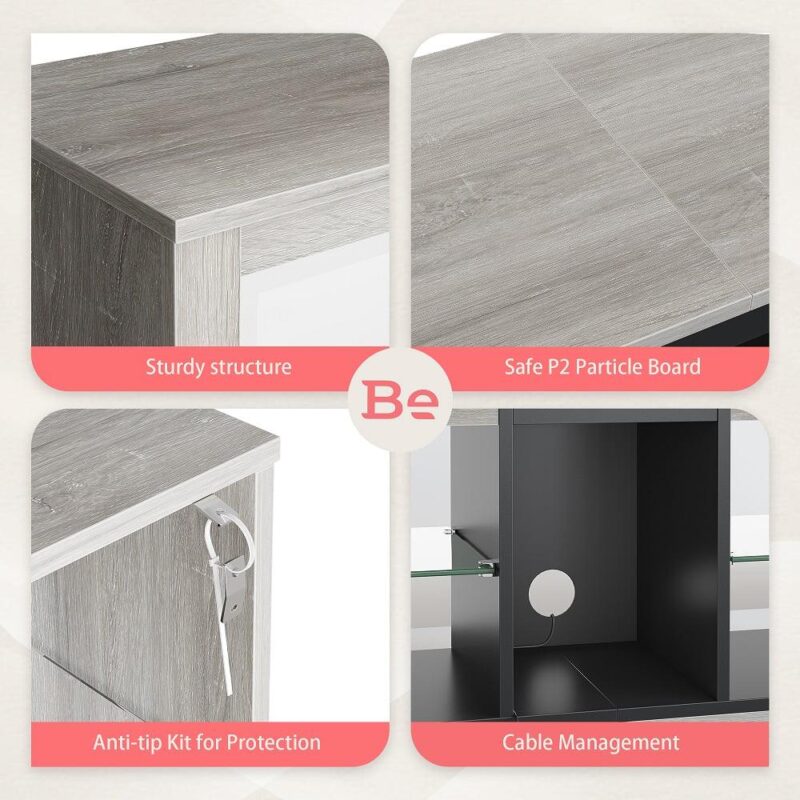 Bestier Entertainment Center with LED Lights TV Stand Media Console Table for TVs up to 60  in Light Grey - Image 4