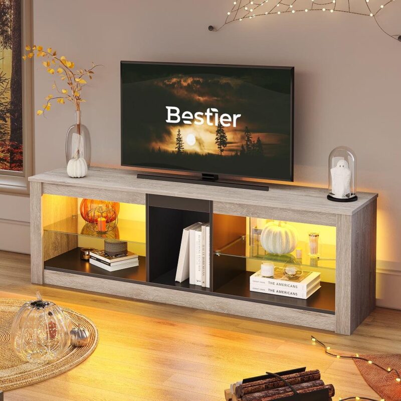 Bestier Entertainment Center with LED Lights TV Stand Media Console Table for TVs up to 60  in Light Grey - Image 6